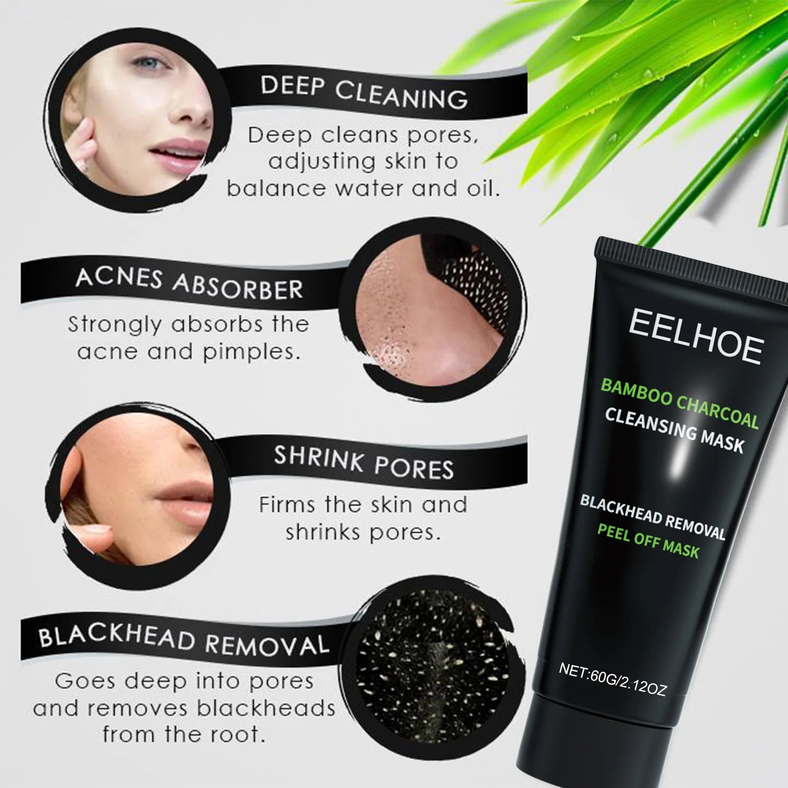 Eelhoe Bamboo Charcoal Blackhead Remover Face Mask Deep Cleansing Pores Shrink Nourishing Acne Treatment Face Peel Off Mask