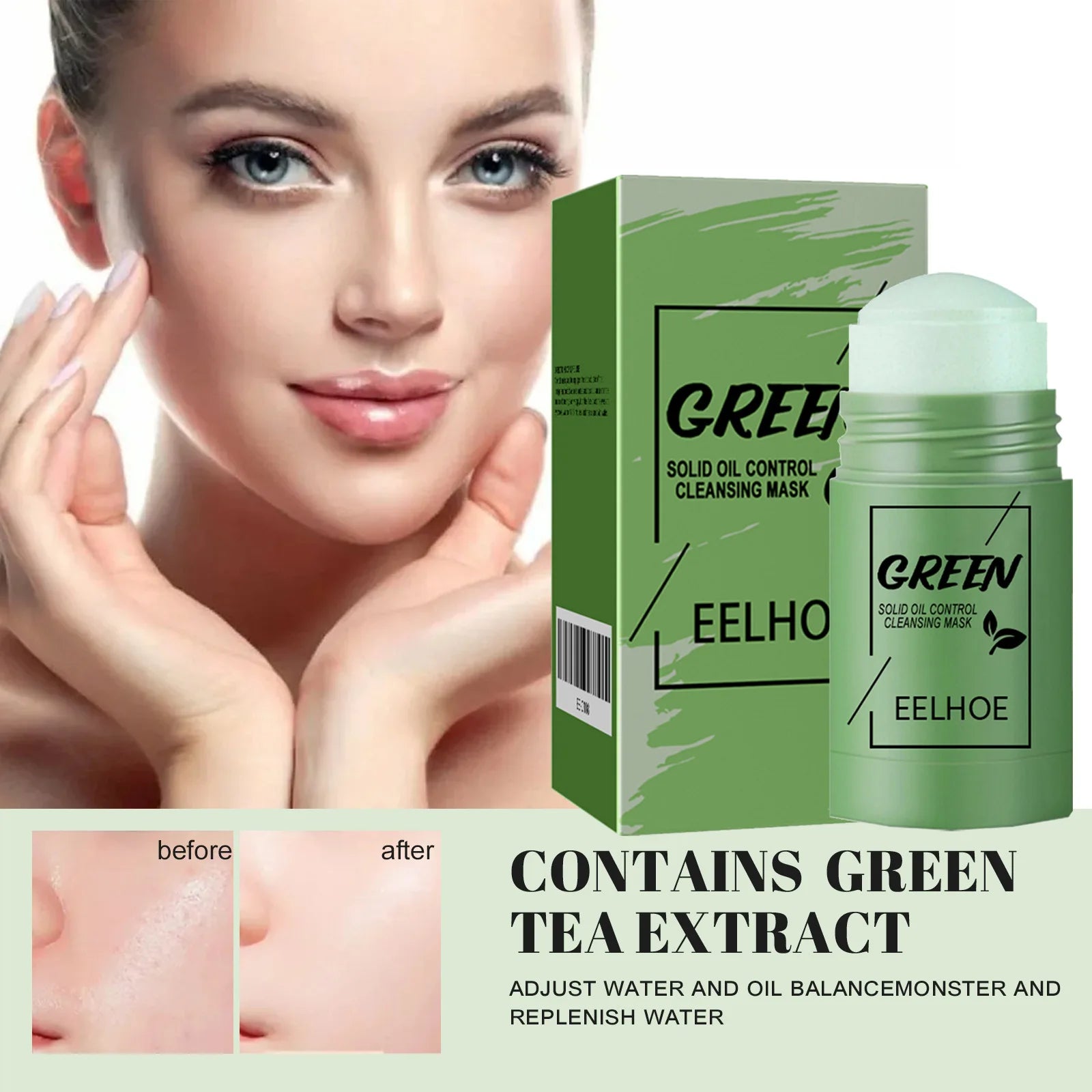 Eelhoe 40g Green Tea Cleansing Solid Face Mask Stick Acne Treatment Oil Control Moisture Remove Blackhead Clean Pores Face Mask
