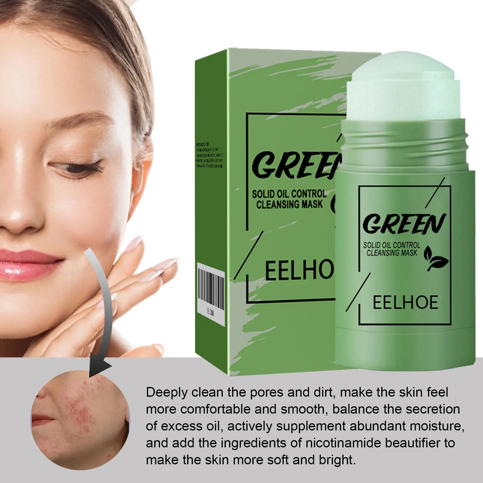 Eelhoe 40g Green Tea Cleansing Solid Face Mask Stick Acne Treatment Oil Control Moisture Remove Blackhead Clean Pores Face Mask